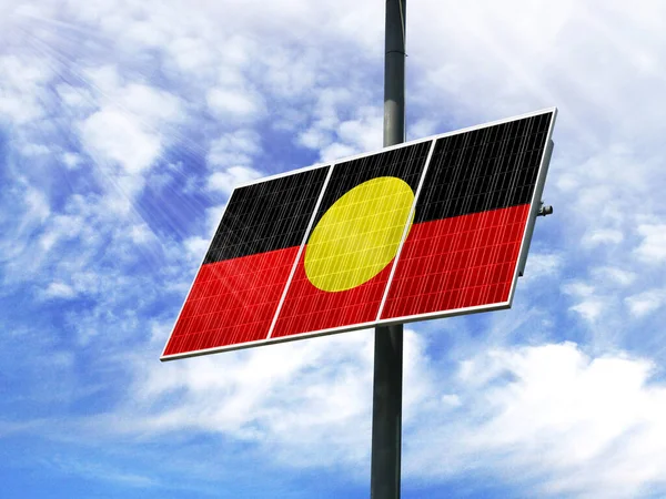 Solar panels against a blue sky with a picture of the flag of Australian Aboriginal