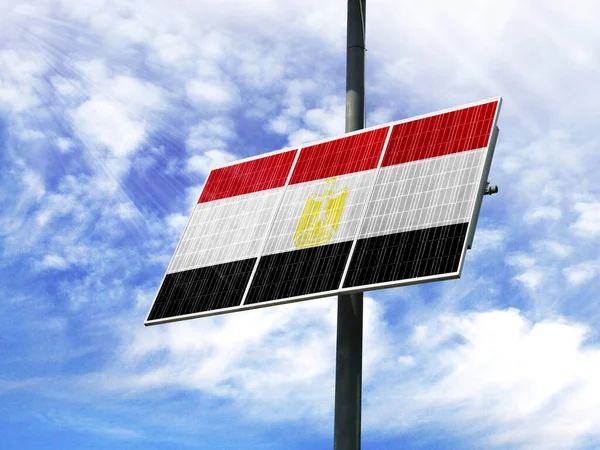 Solar panels against a blue sky with a picture of the flag of Egypt
