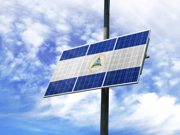 Solar panels against a blue sky with a picture of the flag of Nicaragua