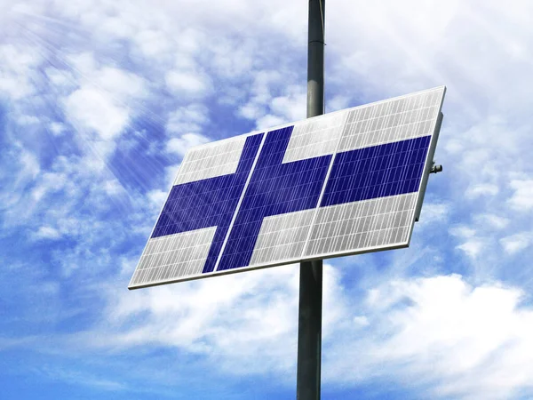 Solar panels against a blue sky with a picture of the flag of Finland