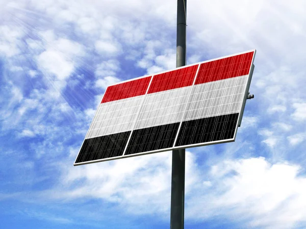 Solar panels against a blue sky with a picture of the flag of Yemen