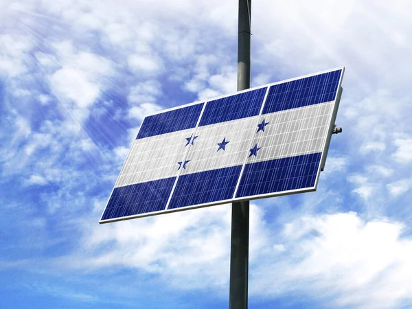 Solar panels against a blue sky with a picture of the flag of Honduras