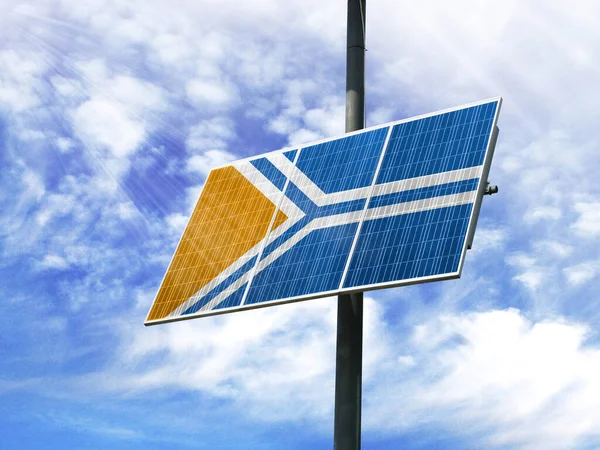 Solar panels against a blue sky with a picture of the flag of Tuva
