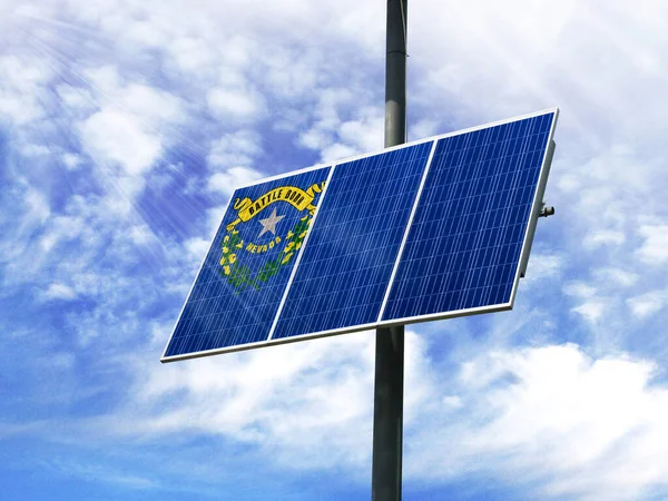 Solar panels against a blue sky with a picture of the flag State of Nevada