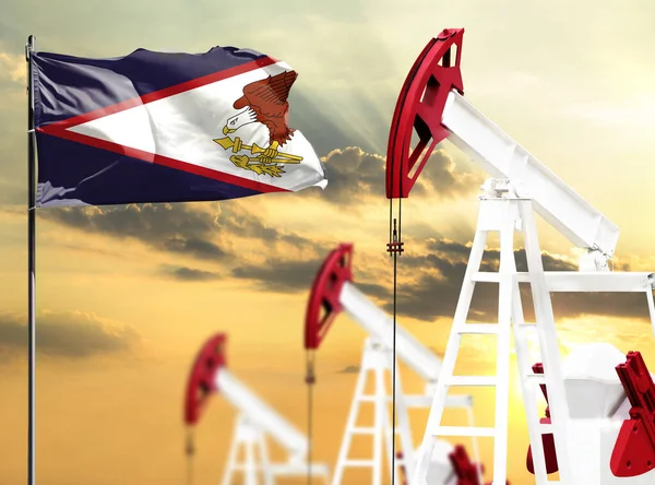 Oil rigs against the backdrop of the colorful sky and a flagpole with the flag of American Samoa. The concept of oil production, minerals, development of new deposits.