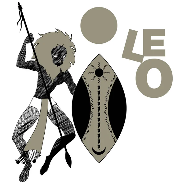 Tribal Zodiac Leo Lion Headed Man Holding Spear Holding Shield — Stock Vector