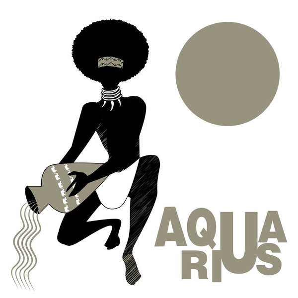 Tribal zodiac. Aquarius. Man with necklaces of fangs, crouching holding a vessel, pouring water. Water carrier