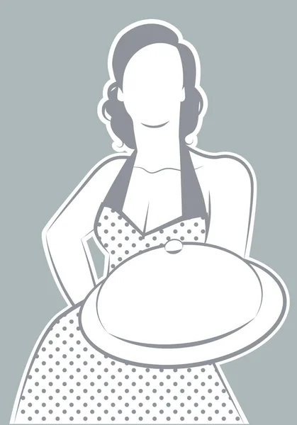 Rétro Femme Foyer Cuisinier Portant Une Robe Pois Montrant Une — Image vectorielle