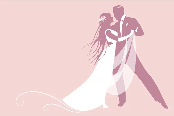 エレガントな新郎と結婚式のダンスを踊る長いたてがみと美しい花嫁 テキストの空白スペース — ストックベクタ
