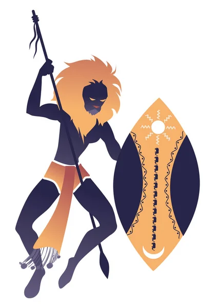 部族の干支 ライオンの頭の男 槍を押し 盾を保持している部族の踊りを踊る — ストックベクタ