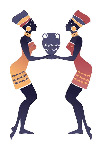 Zodíaco Tribal Géminis Dos Mujeres Con Turbantes Grandes Pendientes Redondos — Vector de stock
