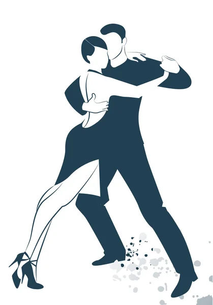 白い背景とインク スポット上に孤立線でタンゴ描かれたスケッチを踊るカップル — ストックベクタ