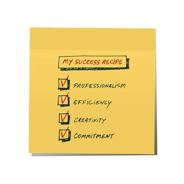 成功レシピ 黄色のステッカーに手によって書かれて成功を達成するための要件の一覧です 白い背景に分離 — ストックベクタ
