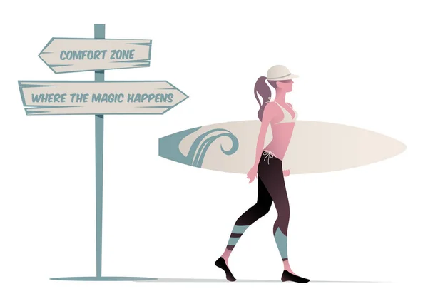 Surfer Κορίτσι Περπάτημα Και Φορώντας Ένα Καπάκι Μπικίνι Και Surf — Διανυσματικό Αρχείο