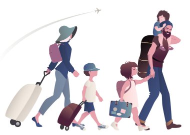 Arka plan üzerinde aile bavul ve izole sırt çantaları ve uçak ile seyahat