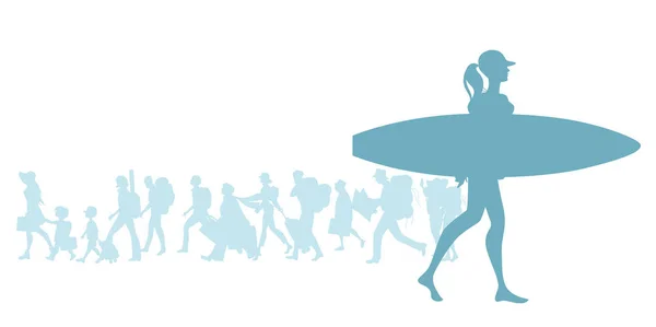 手持冲浪板冲孩的剪影 不同的旅行者小组在背景 — 图库矢量图片