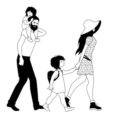 Hipster aile beyaz arka plan üzerinde izole geziniyor. İki çocuk. Erkek ve kız. Sakallı baba ve şapka ve çiçek elbise ile güzel annem. 