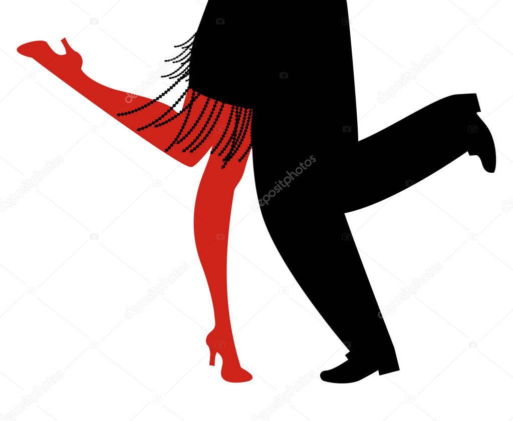 Legs of woman and man wearing retro clothes dancing Charleston on white background