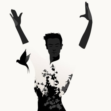 Silhouette İspanyol Flamenko dansçısı adam ve beyaz arka plan üzerinde uçan kırlangıç