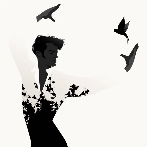 西班牙弗拉门戈舞者剪影和白色背景下的飞翔燕子 — 图库矢量图片