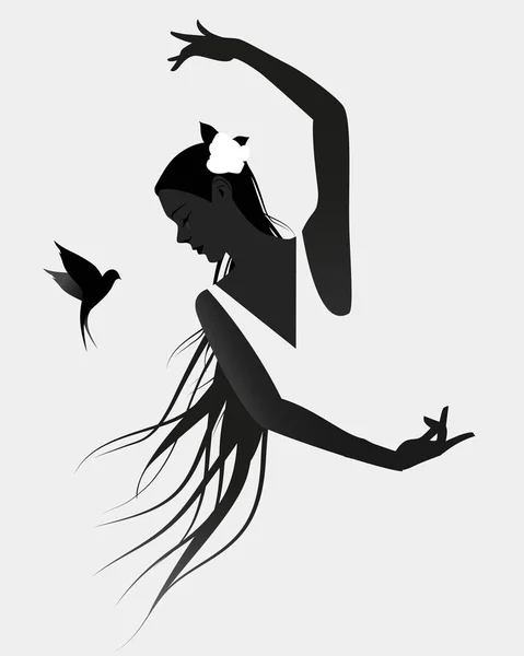 Silhouette Danseuse Flamenco Espagnole Portant Une Fleur Dans Longue Crinière — Image vectorielle