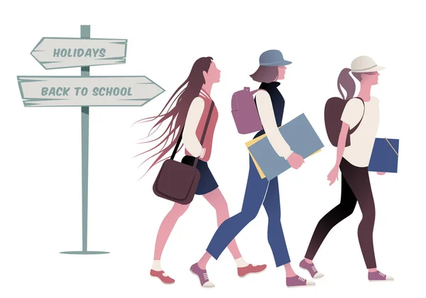 Drie Tienermeisjes Terug Gaan Naar School Richting Wijzend Richting Vakantie — Stockvector