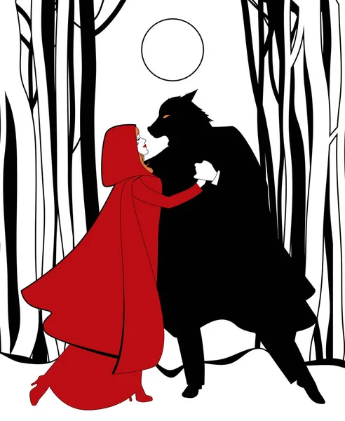 Roodkapje Wolf Dansen Het Bos Het Licht Van Volle Maan — Stockvector