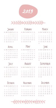 2019 takvim ay ve yıl elle yazılmış. Elle çizilmiş Dekoratif kenarlık
