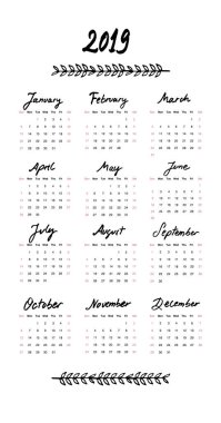 2019 takvim ay ve yıl elle yazılmış. Elle çizilmiş Dekoratif kenarlık