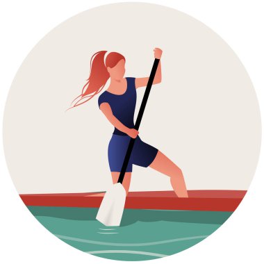 Sportif bir kano kürek pratik rüzgar saçlı kız atlet