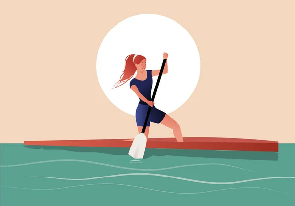 Menina Atleta Com Cabelo Vento Praticando Remo Esportivo Uma Canoa — Vetor de Stock