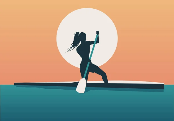 Αθλητής Κορίτσι Μαλλιά Στον Άνεμο Εξάσκηση Σπορ Κωπηλασία Κανό — Διανυσματικό Αρχείο