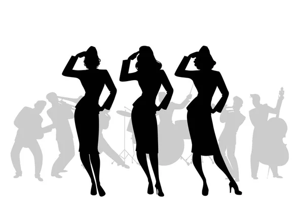 Silhouettes Trois Filles Armée Style Rétro Chantant Faisant Salut Militaire — Image vectorielle