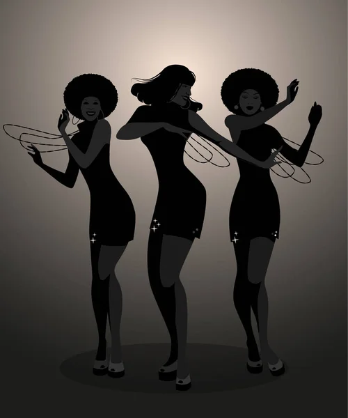 Silhouette Tre Ballerini Cantante Soul Nello Stile Degli Anni Sessanta — Vettoriale Stock