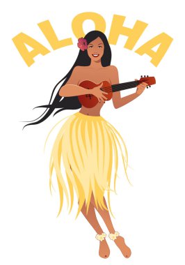 Ukulele beyaz arka plan üzerinde izole çalmaya yaprakların etek giyen güzel ve gülümseyerek Hawaii kız. Retro tarzı