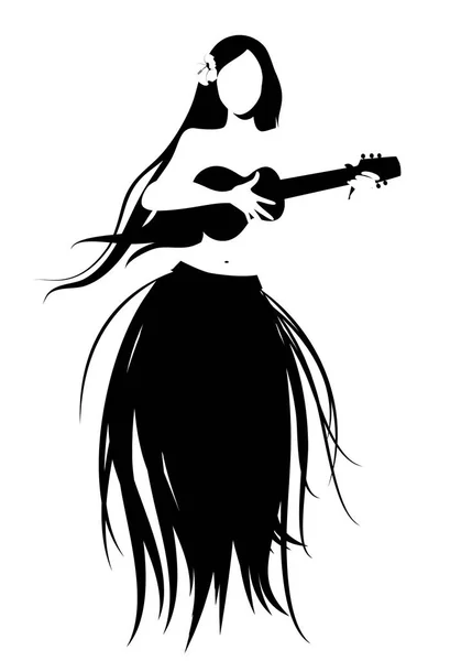 Silhouette Hawaiian Girl Wearing Skirt Leaves Playing Ukulele Isolated White — Stock Vector