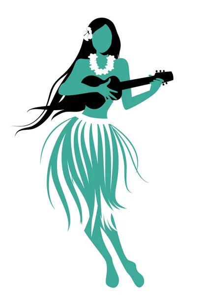 Silhouette Hawaiian Girl Wearing Skirt Leaves Playing Ukulele Isolated White — Stock Vector