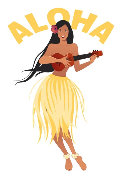美丽和微笑的夏威夷女孩穿着裙子的树叶演奏四弦琴孤立的白色背景 复古风格 — 图库矢量图片