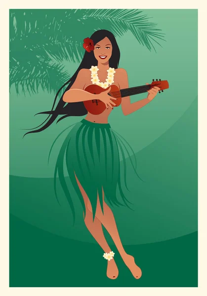 美丽和微笑的夏威夷女孩穿着裙子的叶子在绿色背景下演奏四弦琴和棕榈树 — 图库矢量图片