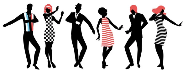 Silhouettes Élégantes Personnes Portant Des Vêtements Des Années Soixante Dansant — Image vectorielle