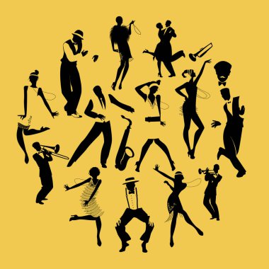 Silhouettes of dancers dancing Charleston and jazz musicians clipart