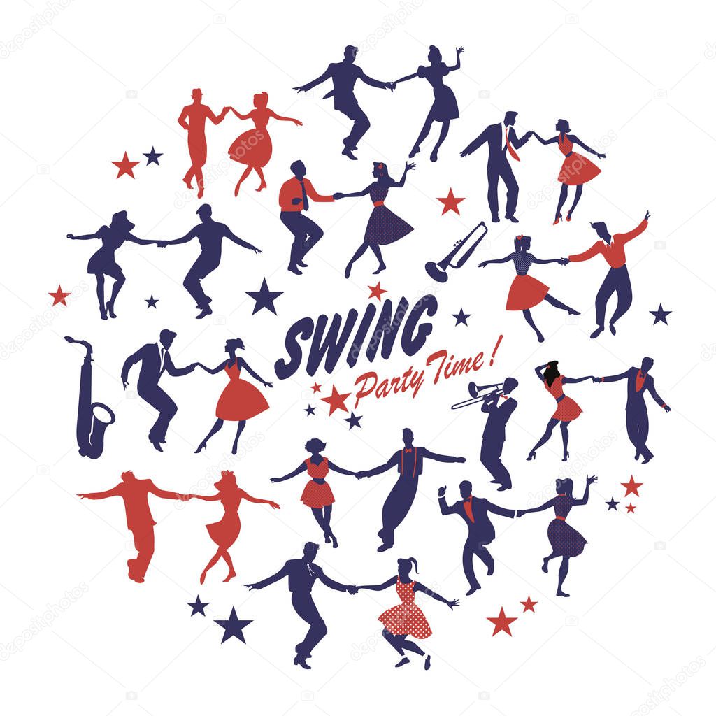 Silhouettes of swing dancers isolated forming a circle on white background