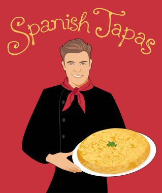İspanyolca Tapas. Tipik İspanyol patates omlet saçtan tutarak yakışıklı İspanyol şef.