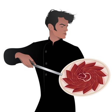 Elinde bir bıçak ve bir lezzetli yemek İber beyaz arka plan üzerinde izole jambon, gösterilen yakışıklı İspanyol şef