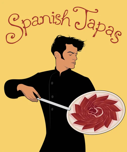 Tapas Españolas Guapo Chef Español Sosteniendo Cuchillo Mostrando Delicioso Plato — Archivo Imágenes Vectoriales