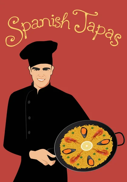 Tapas Españolas Guapo Chef Español Con Sombrero Cocina Sosteniendo Una — Vector de stock