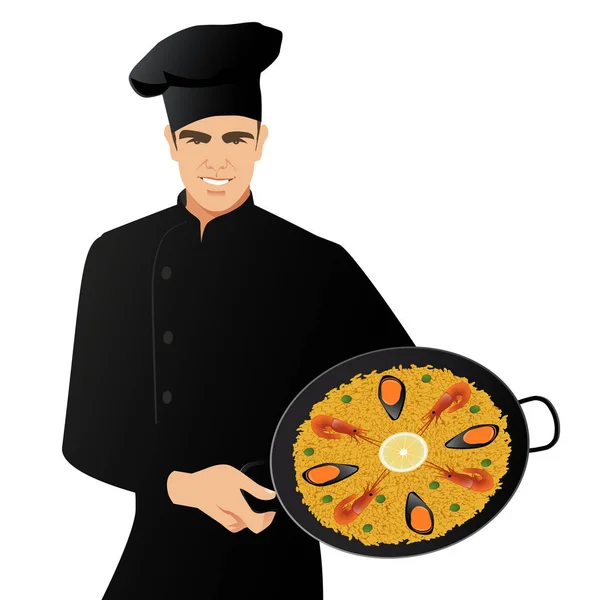 Jóképű Spanyol Szakács Gazdaság Egy Serpenyőben Tipikus Spanyol Paella Elszigetelt — Stock Vector