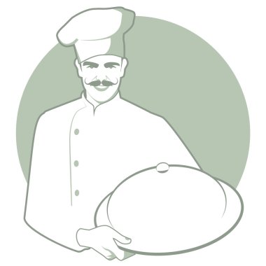 Kapalı bir tepsi mutfak şapkalı bıyıklı Şef