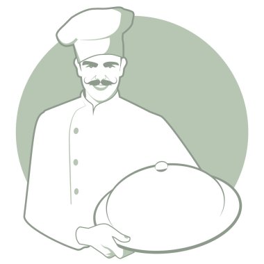 Moustached chef with a kitchen hat carrying a covered tray clipart
