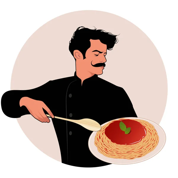 Moustached Chef Kok Met Een Bord Spaghetti Een Houten Lepel — Stockvector